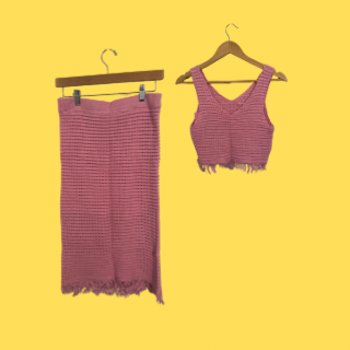 Pink Crochet Midi Skirt And Tank Top Set